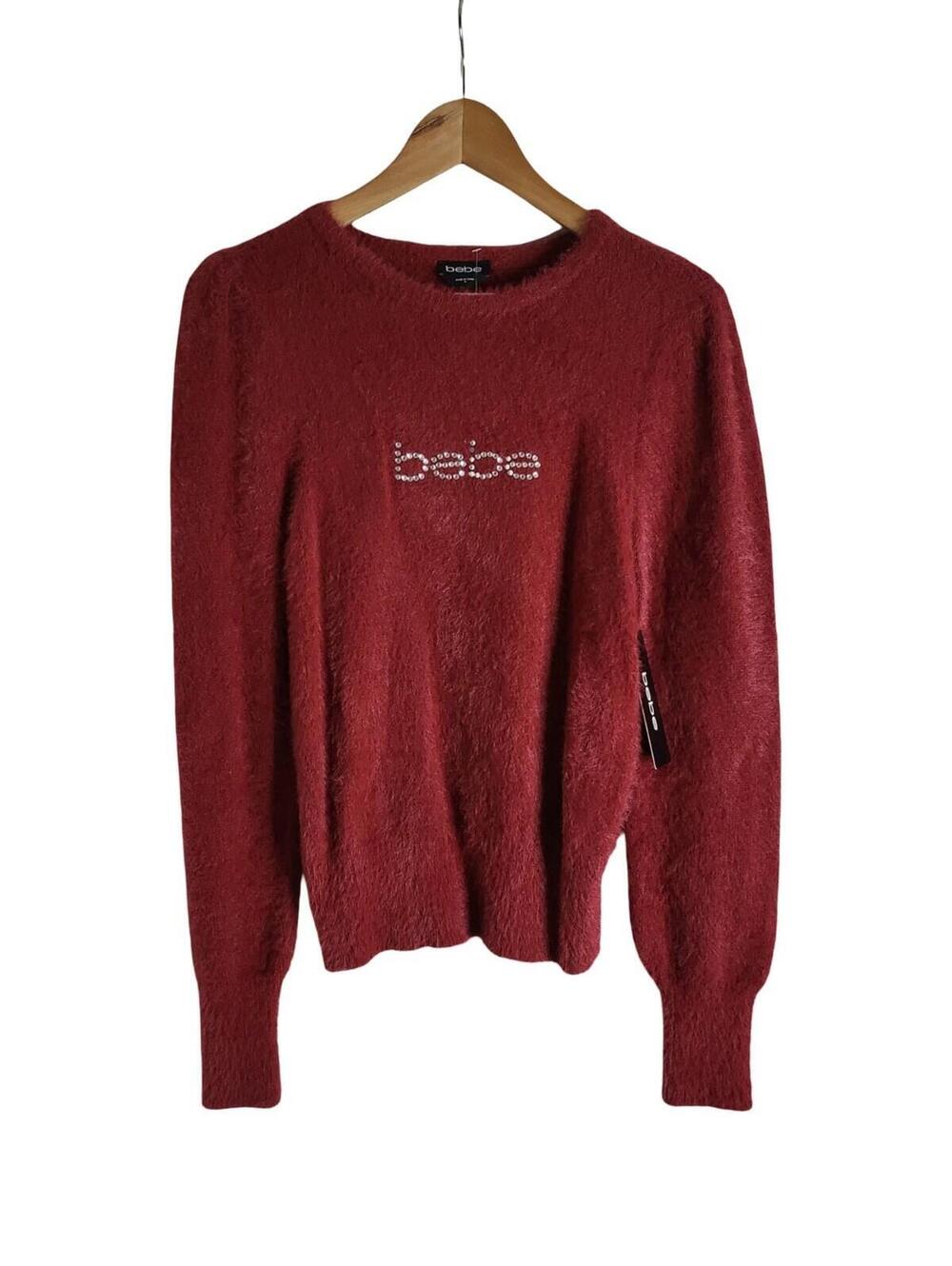 Bebe Red Jeweled Fuzzy Long Sleeve Sweater Rhinestone Logo NWT Size M
